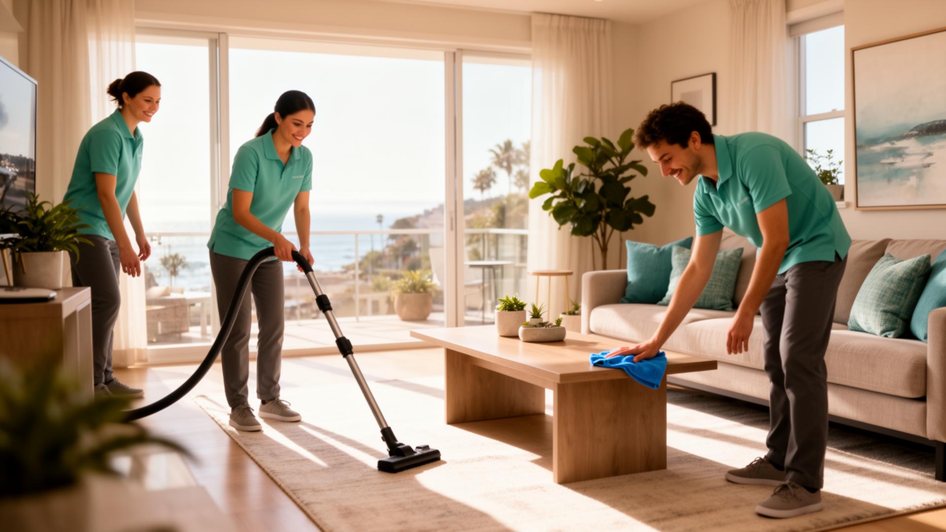 Professional cleaning team servicing a bright Oceanside, CA living room