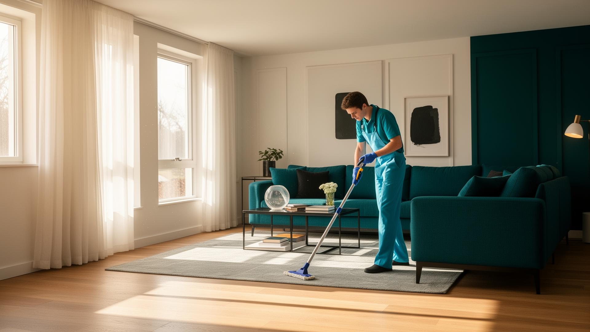 Professional house cleaner in a bright living room in Oceanside